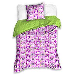 BedTex Detské bavlnené obliečky Sovičky fialová, 140 x 200 cm, 70 x 90 cm